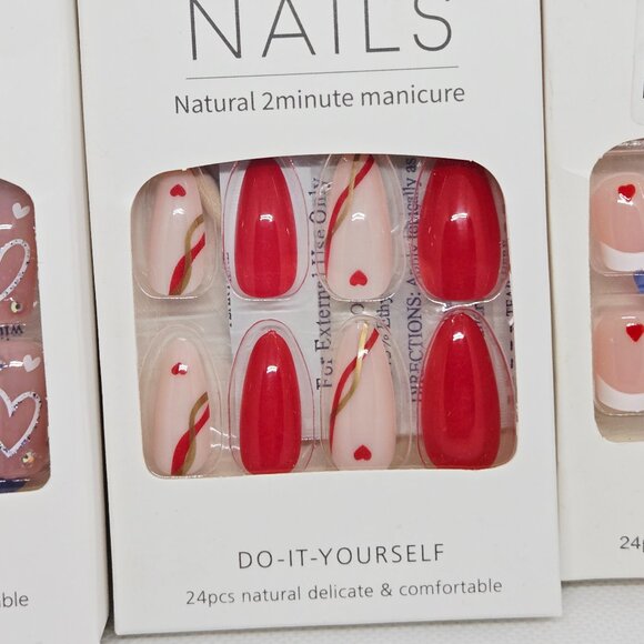 3 BOXES NATURAL PRESS ON NAILS PINK & RED HEARTS VALENTINE'S DAY NIB 72 TOTAL - Picture 3 of 6